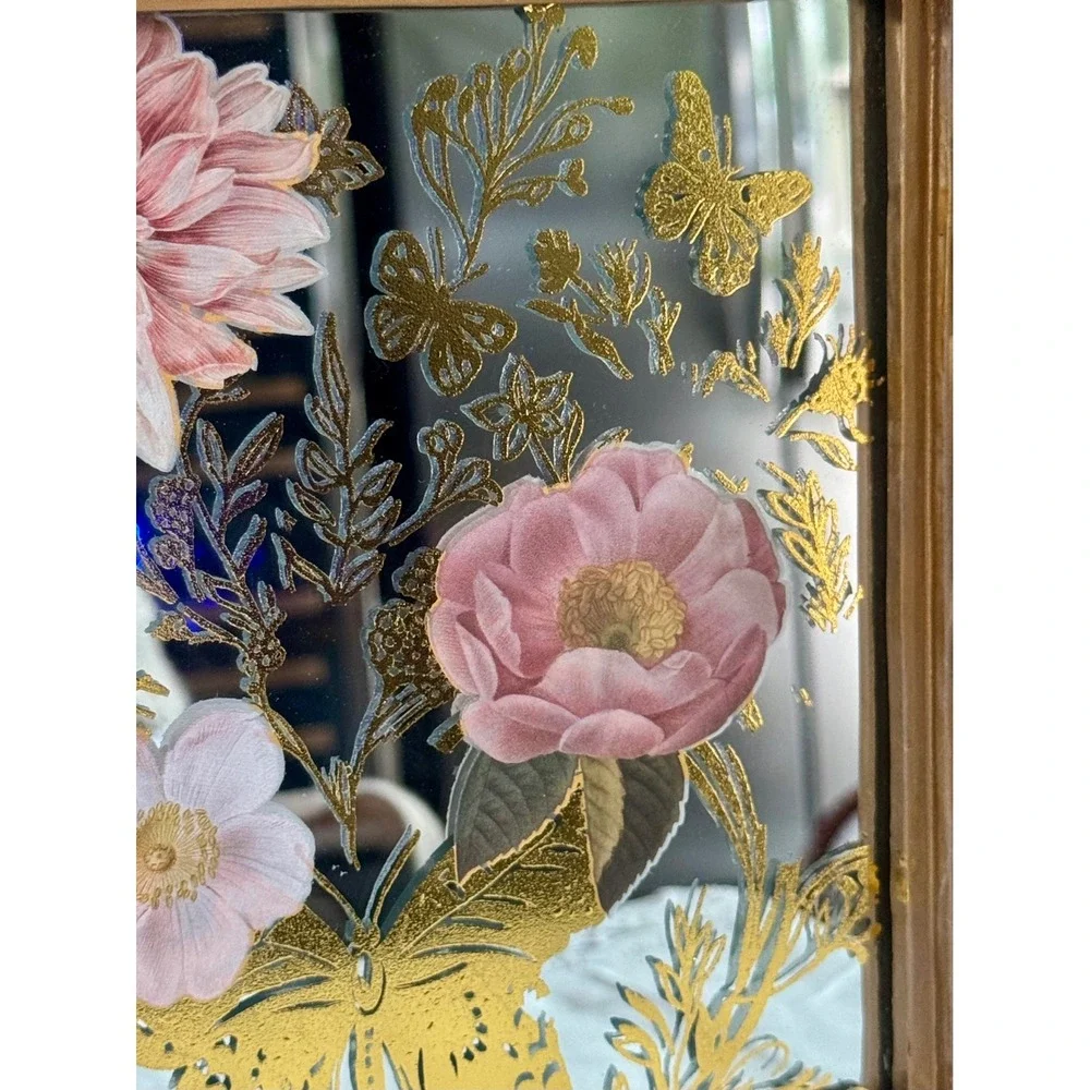 Vintage Ornate Gold Frame Floral Mirror Art Pink Flowers Butterflies 11x11 in